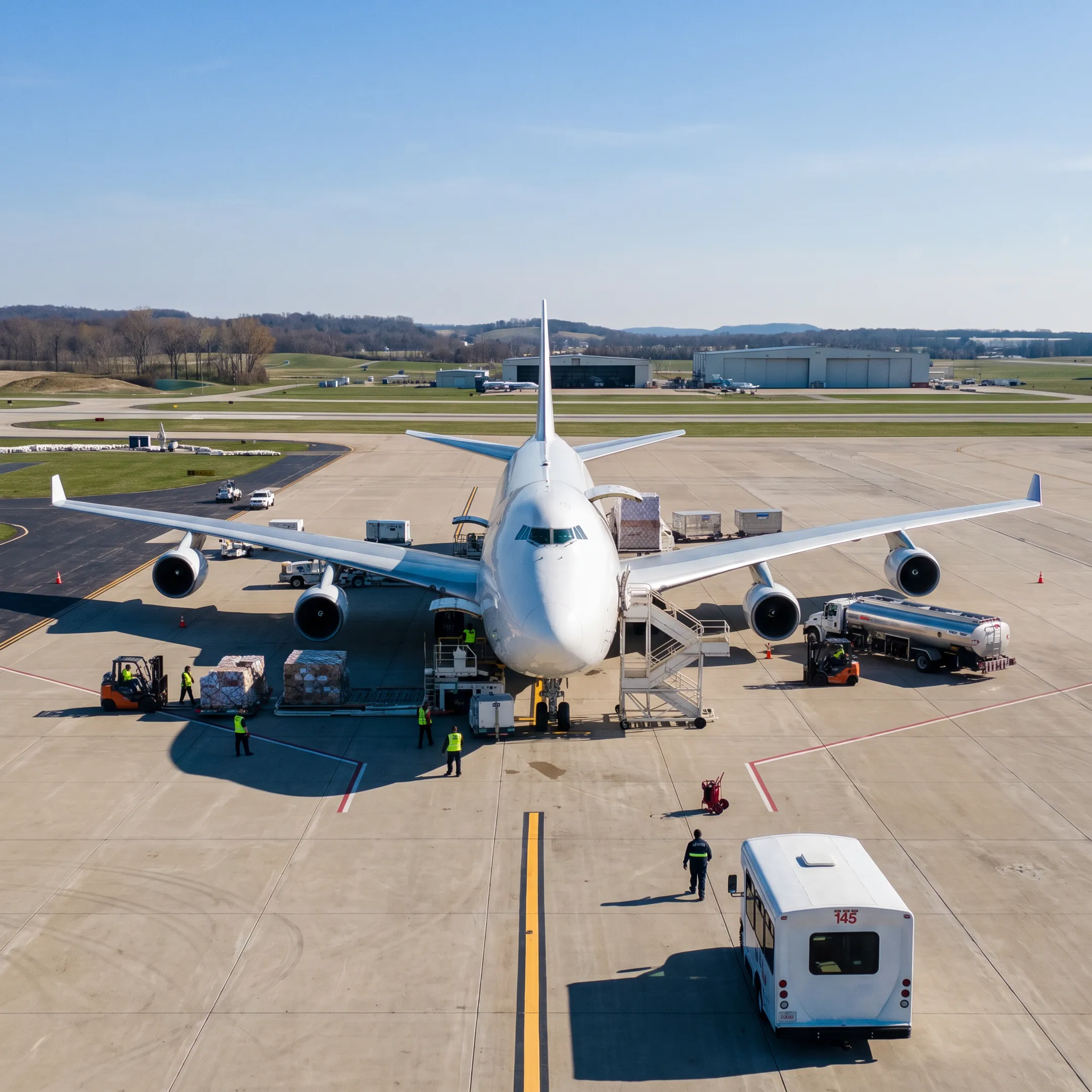 Air cargo aircraft preparing for a time-critical shipment from Cincinnati