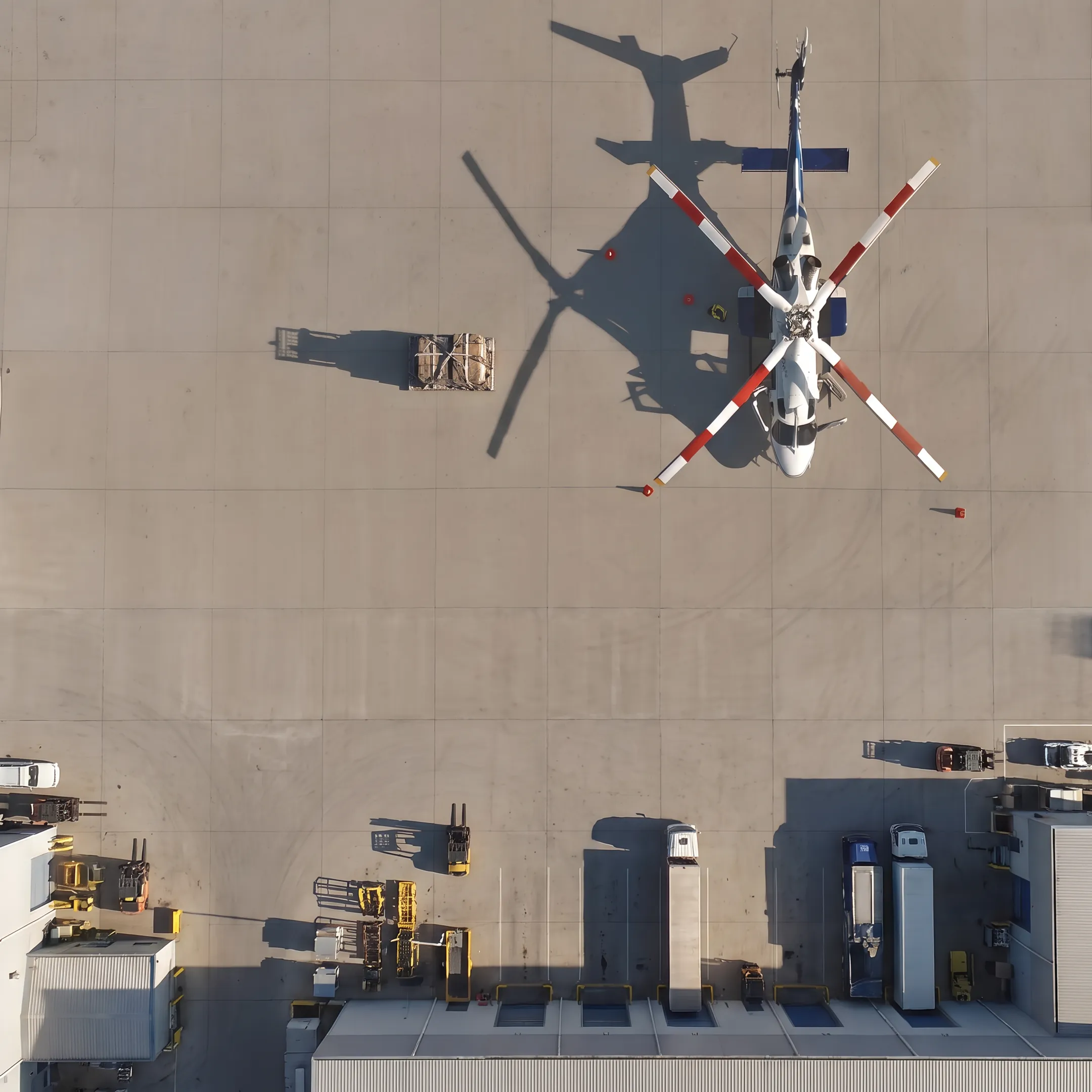 Helicopter lifting secured freight near an industrial delivery site