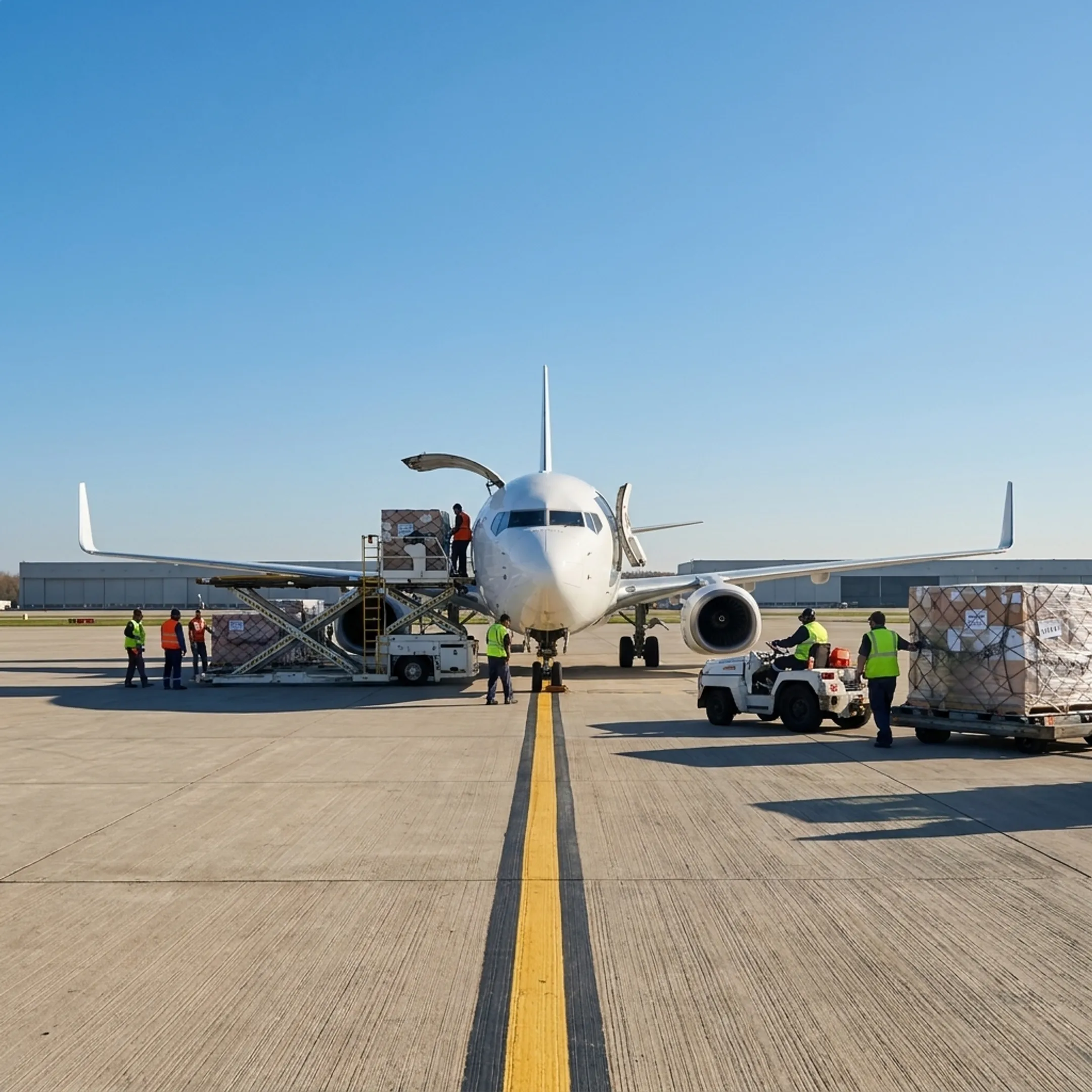 Boeing 737 cargo aircraft being loaded with palletized freight at an airport