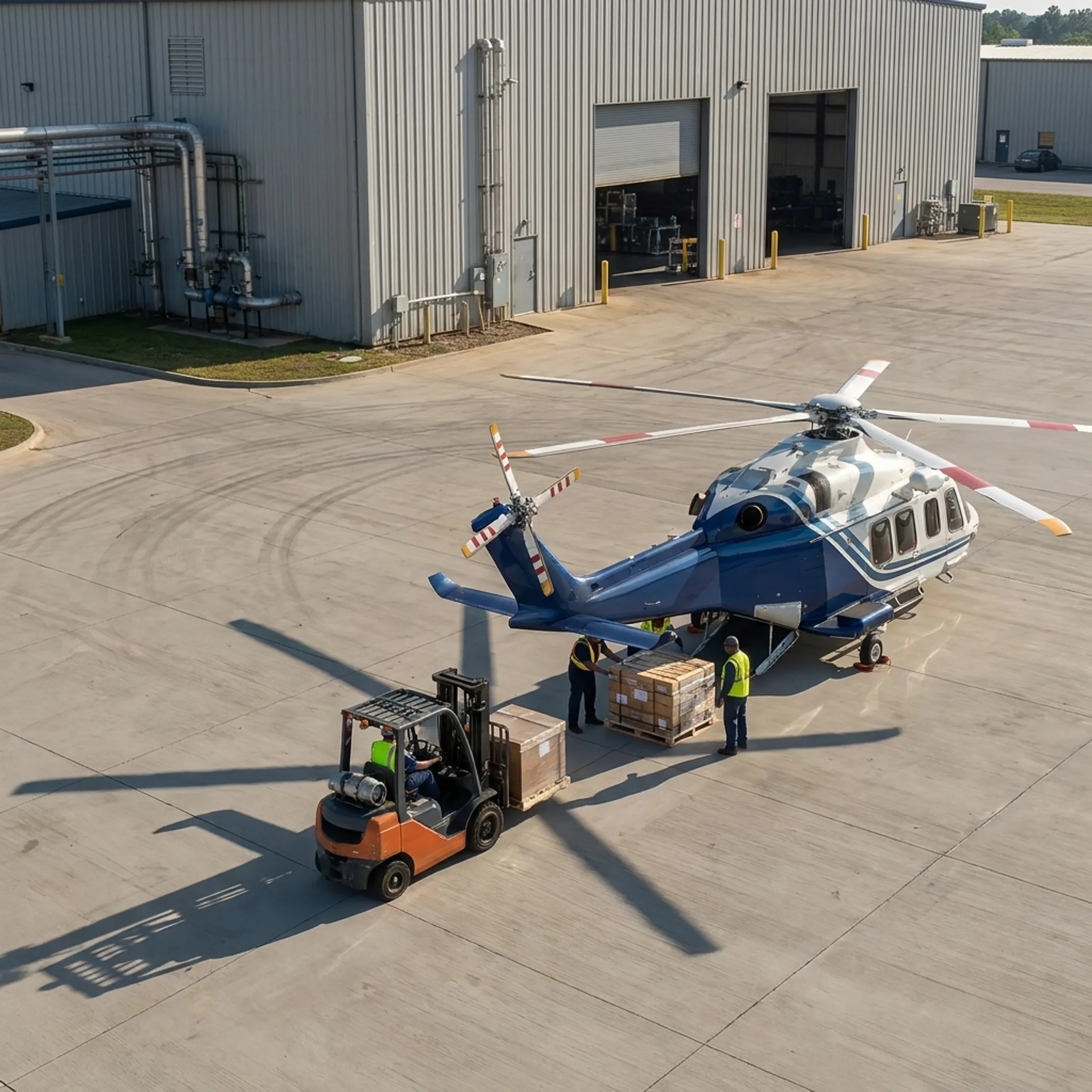 Helicopter transporting industrial cargo near a Georgia manufacturing facility