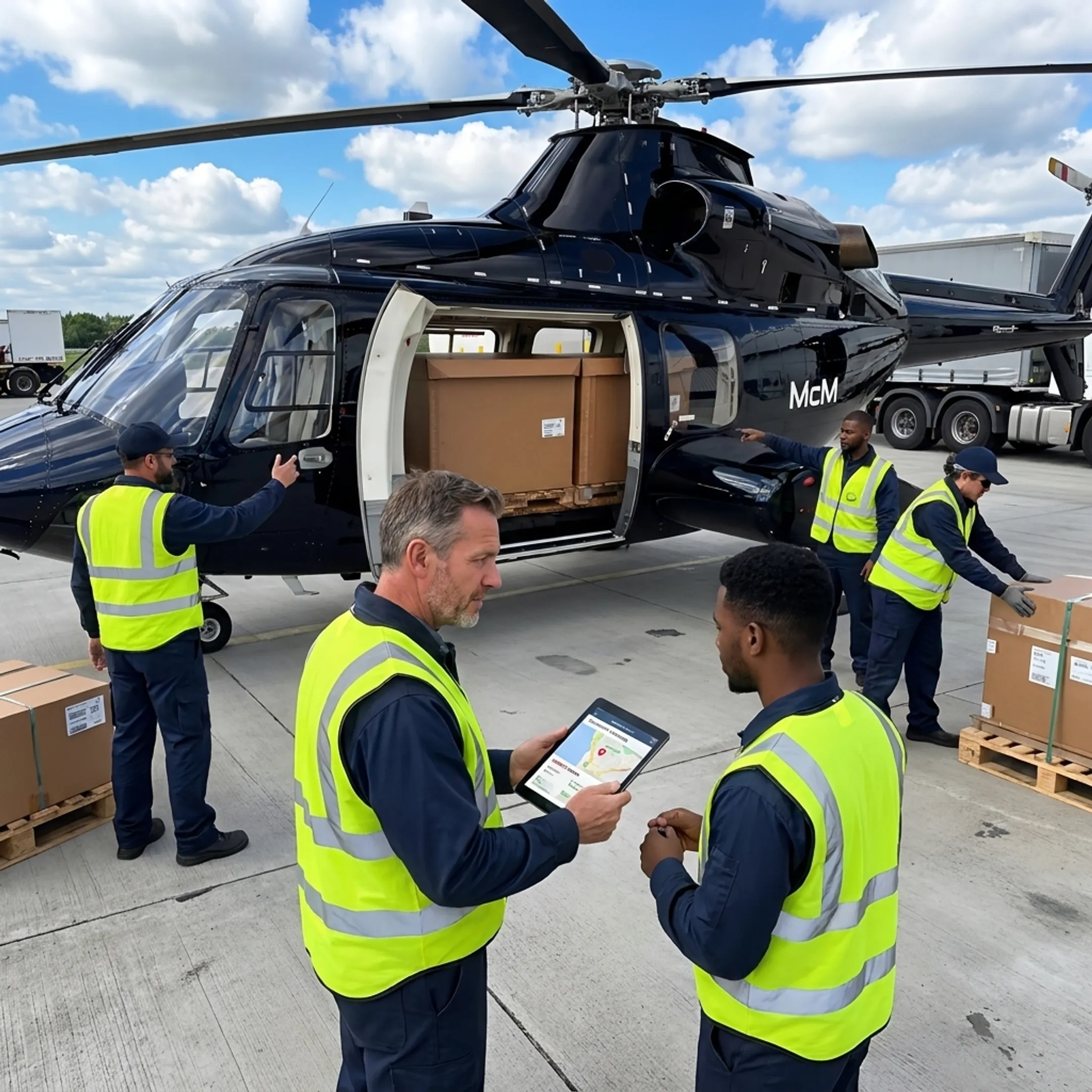Operations team coordinating air and ground cargo transportation