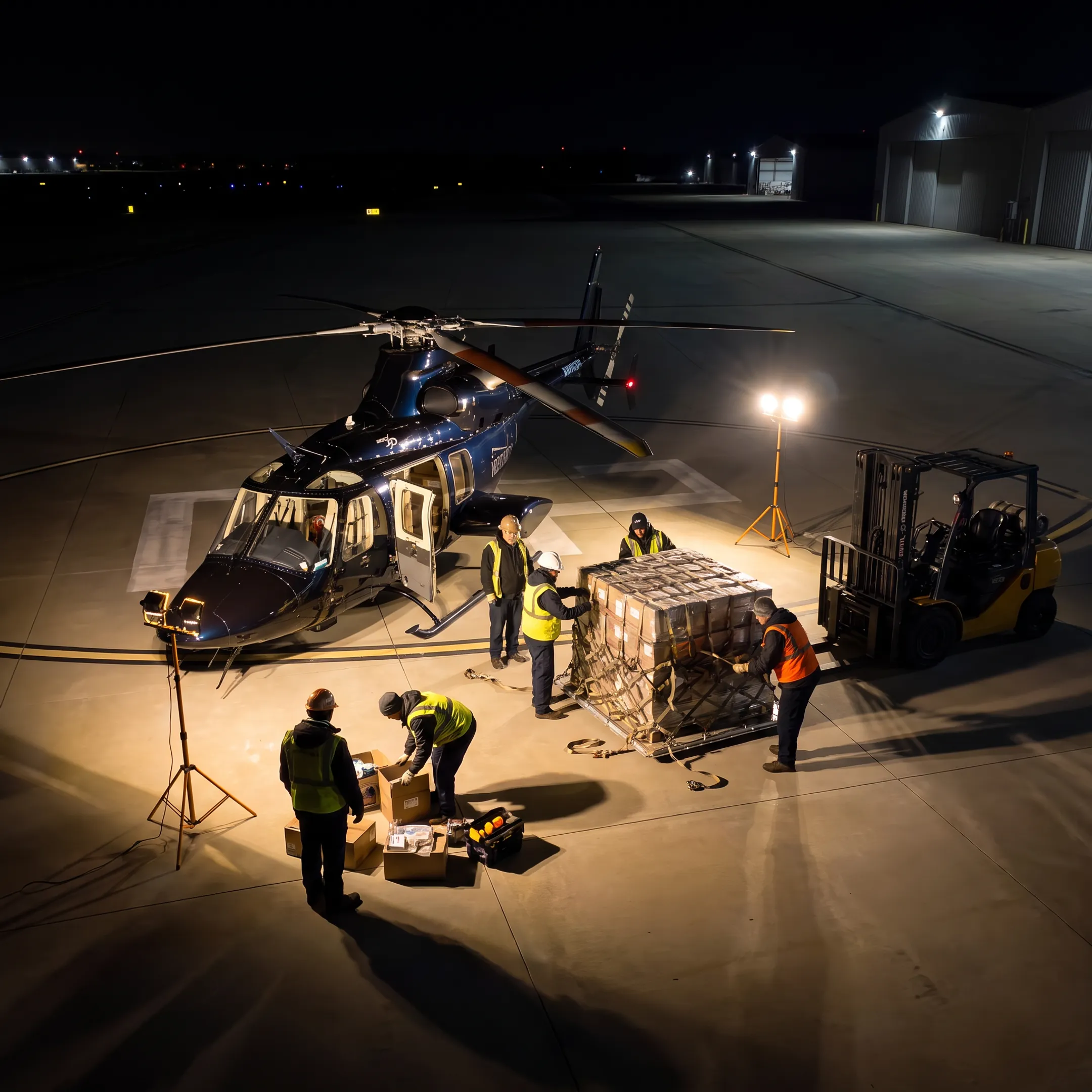 Cargo helicopter preparing for an after-hours freight mission