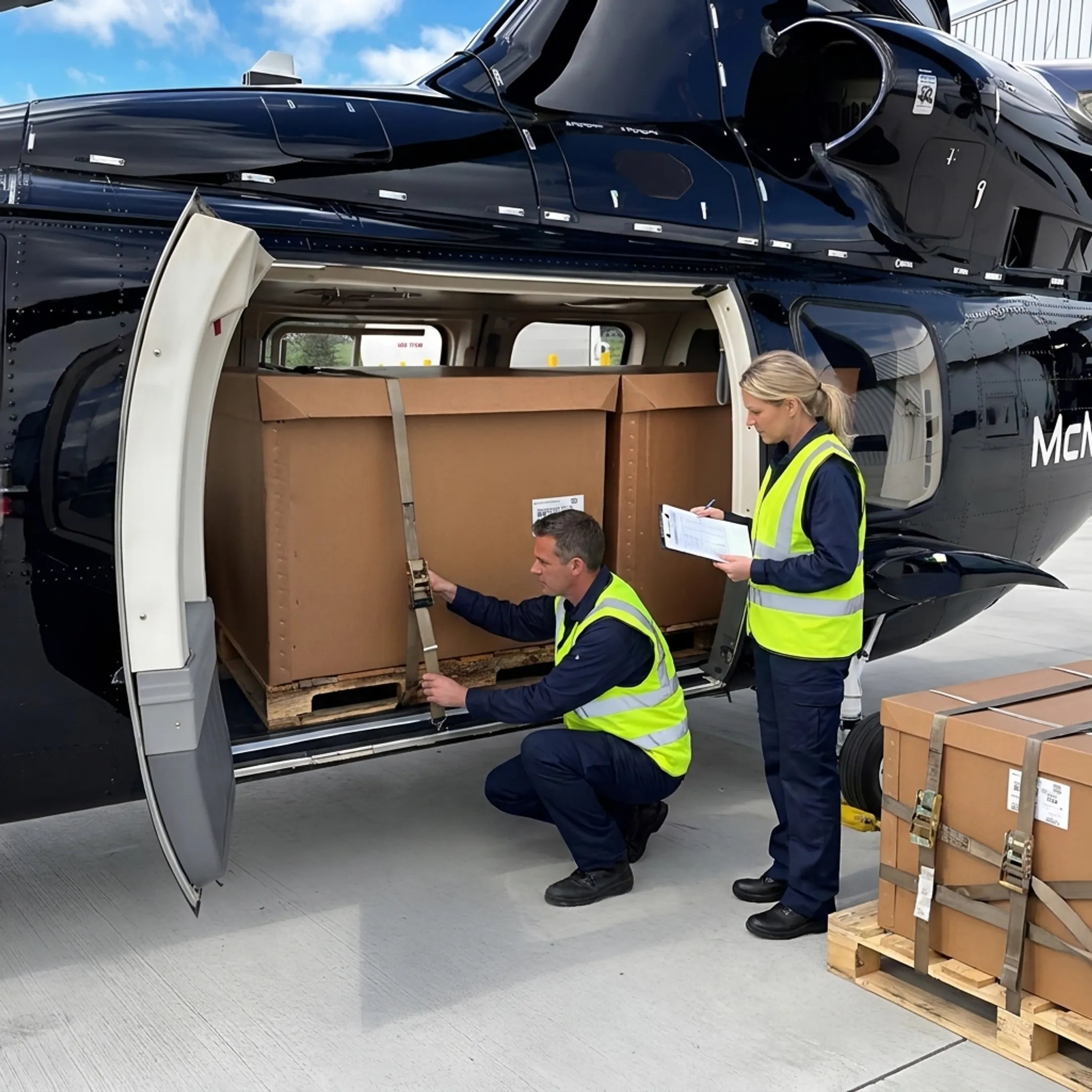 Logistics team preparing cargo for helicopter charter delivery