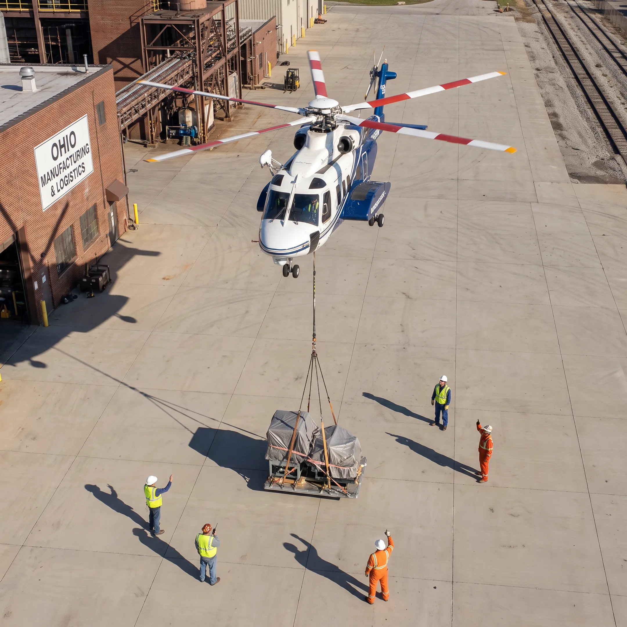 Helicopter lifting manufacturing cargo near an industrial facility