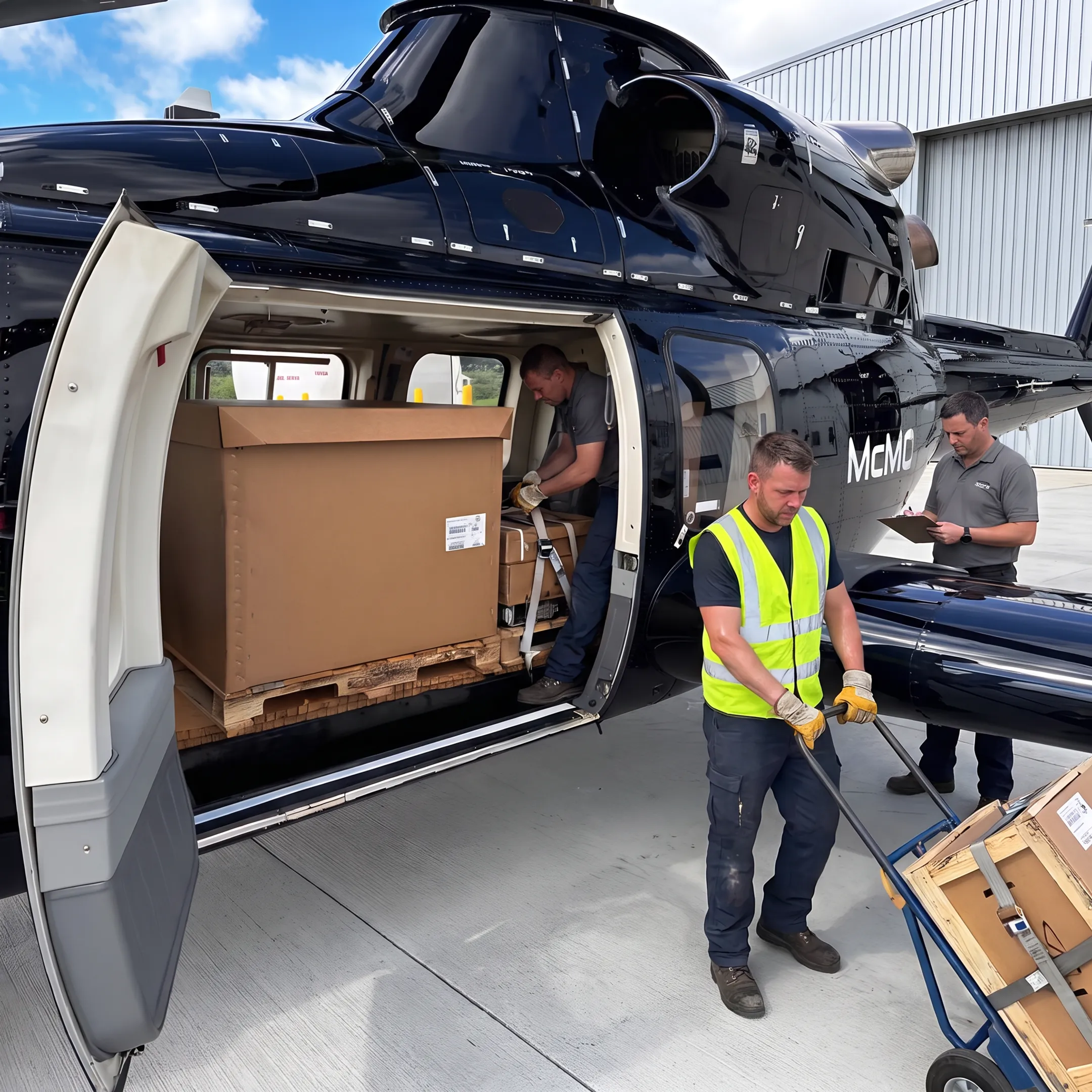 Helicopter loading automotive cargo for expedited delivery