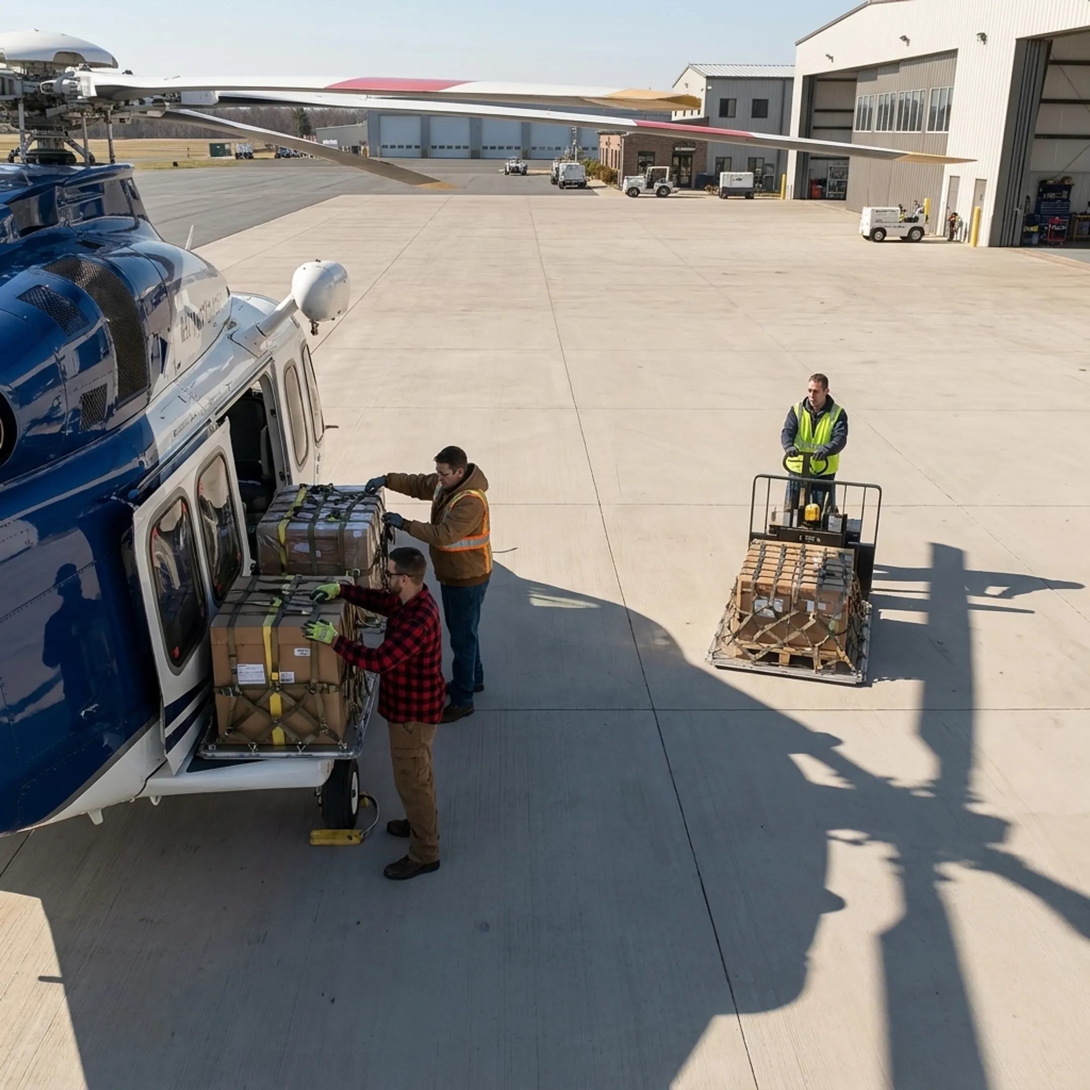 Crew loading premium freight into a cargo helicopter