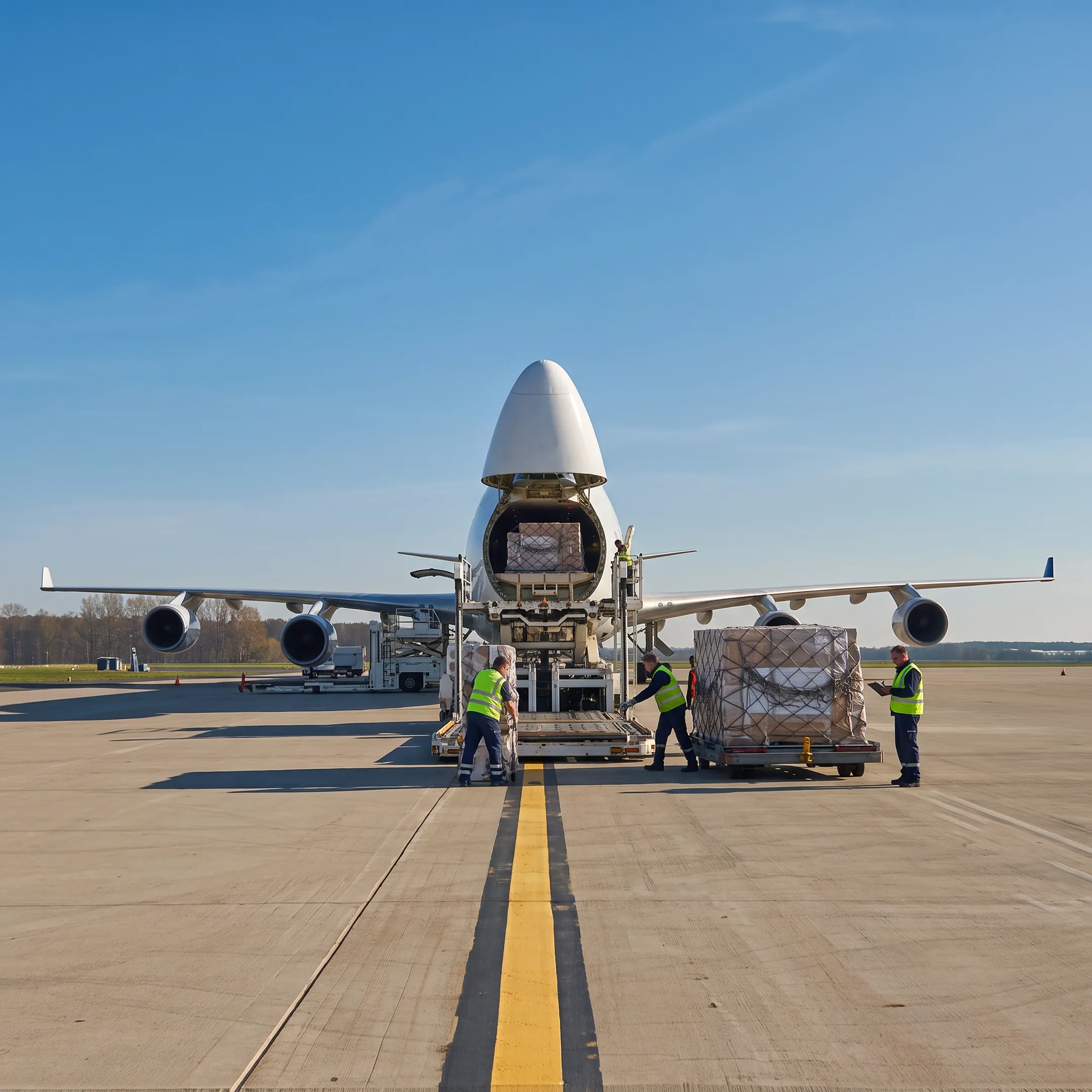 Air cargo aircraft being prepared for a time-critical freight shipment