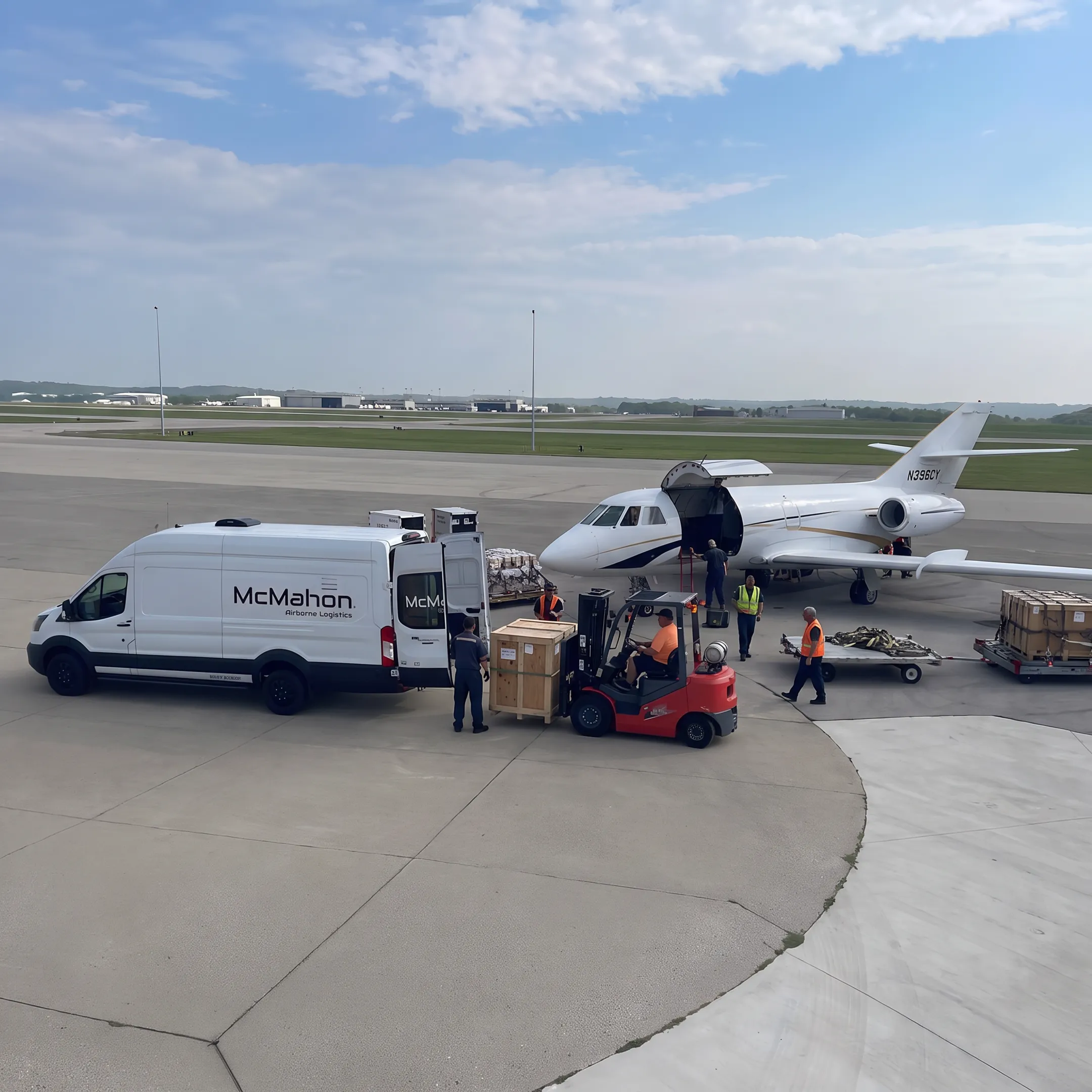 Critical air freight moving from an airport to a manufacturing plant