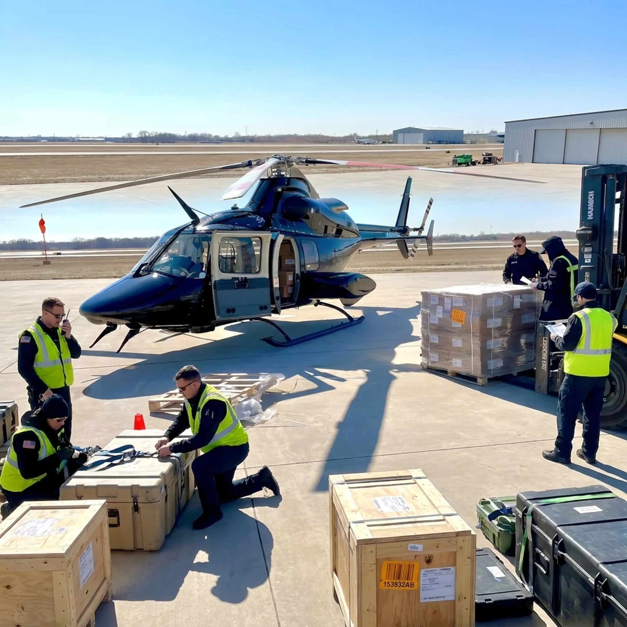 Helicopter cargo charter team preparing urgent aircraft parts