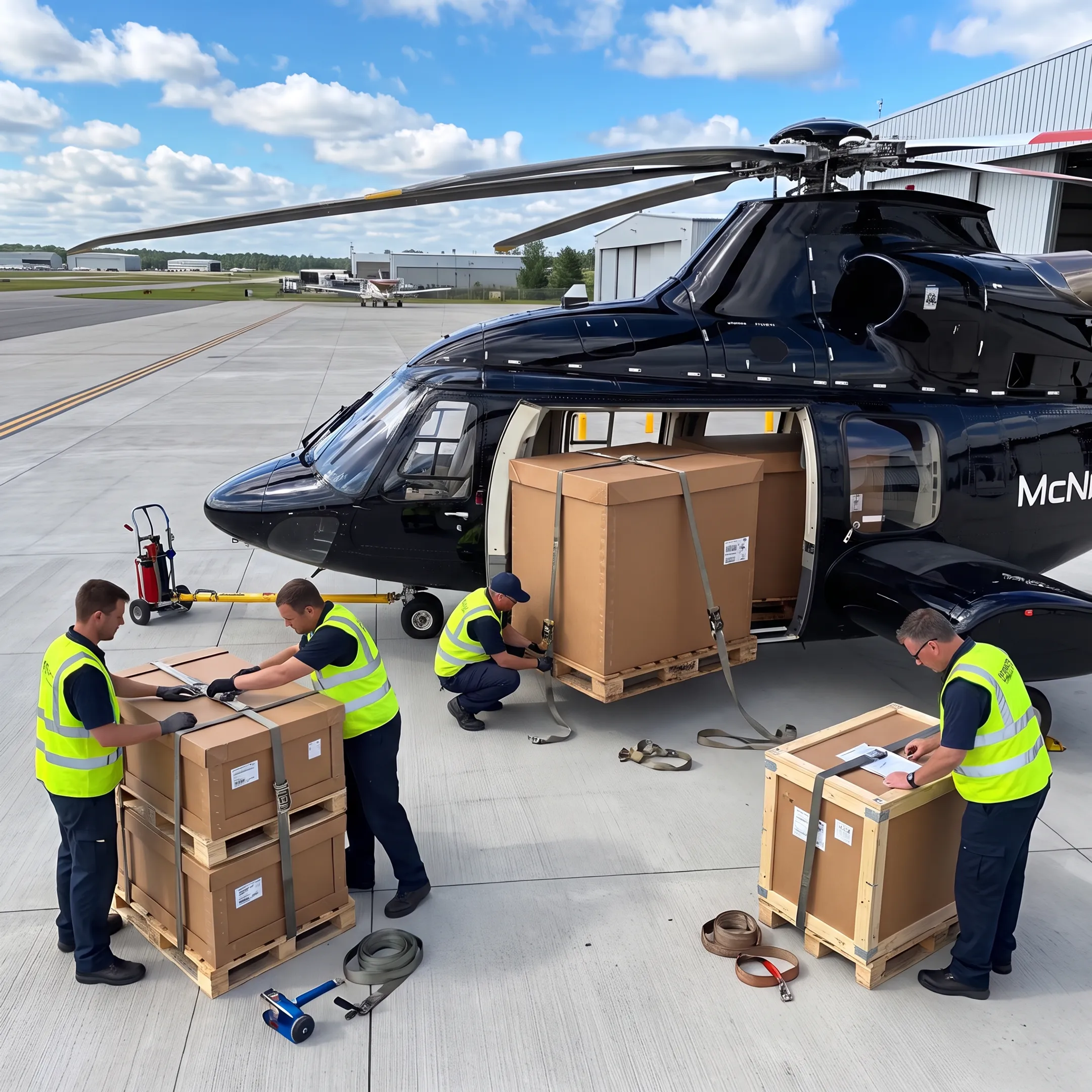 Helicopter transporting critical aviation parts between airports