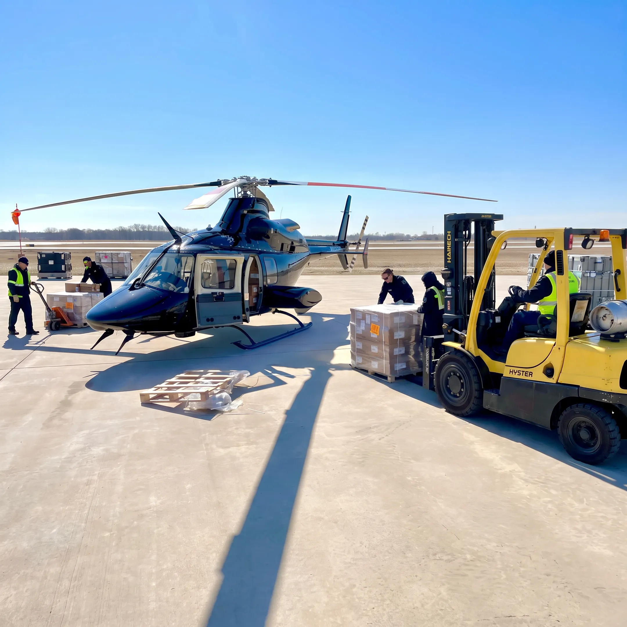 Helicopter cargo charter preparing regulated freight for flight