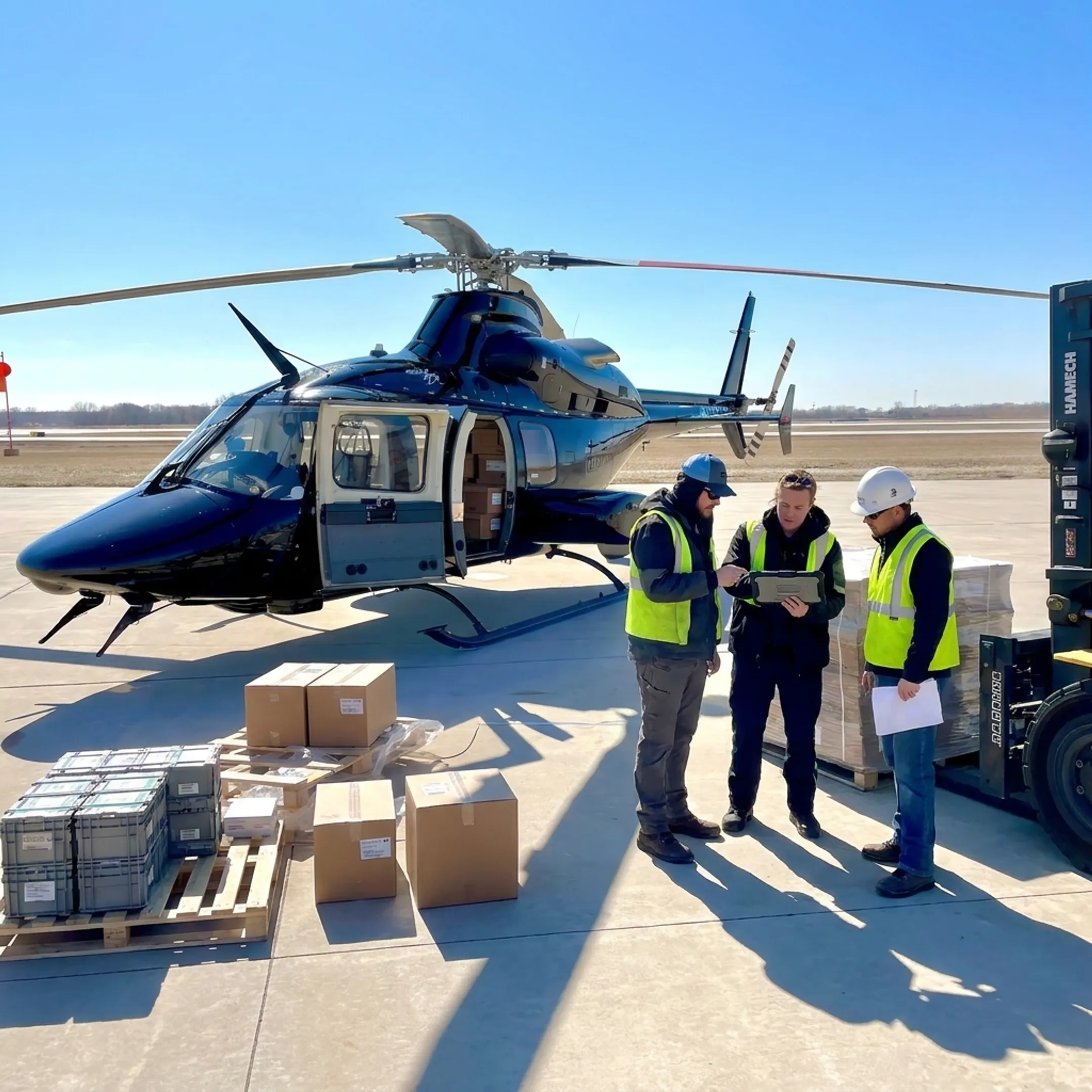 Logistics team coordinating helicopter freight