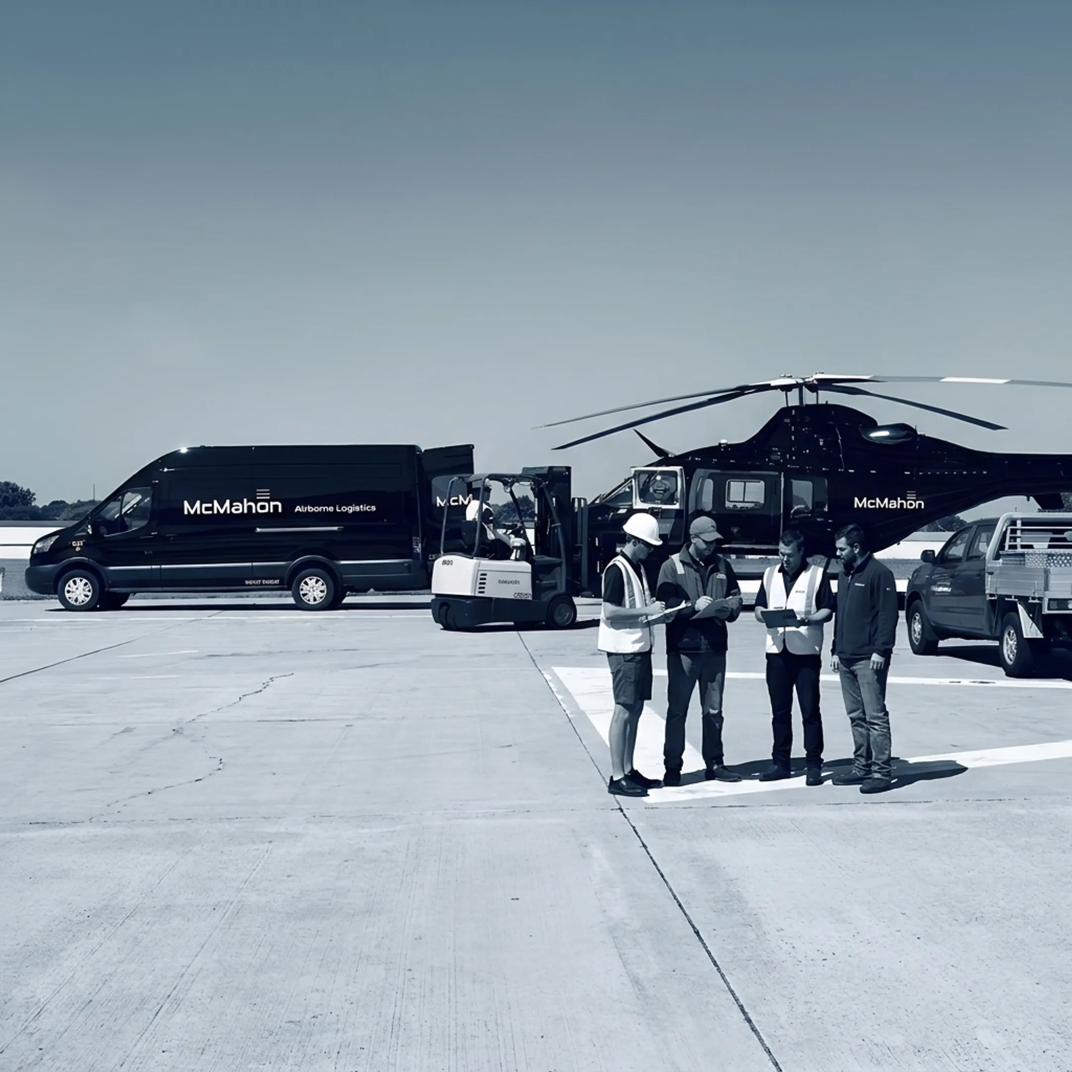 Logistics team coordinating private cargo aircraft shipment