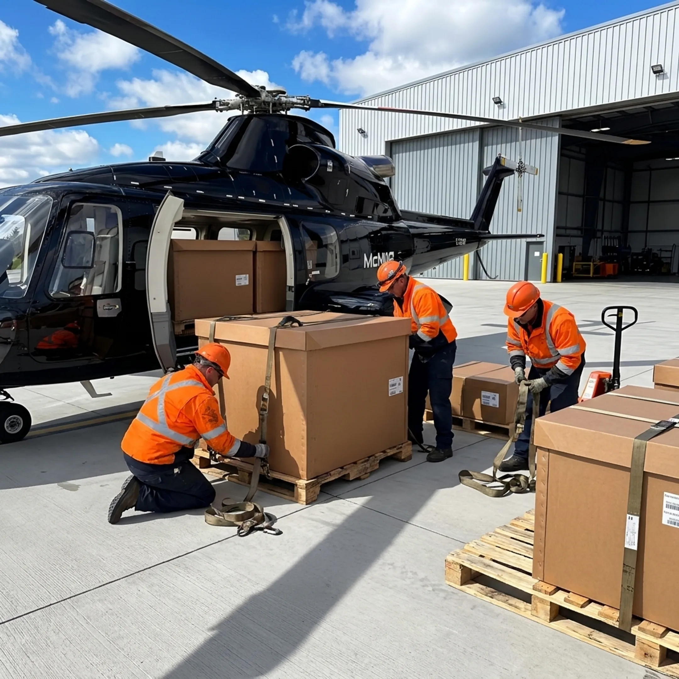 Cargo helicopter loading freight for direct delivery