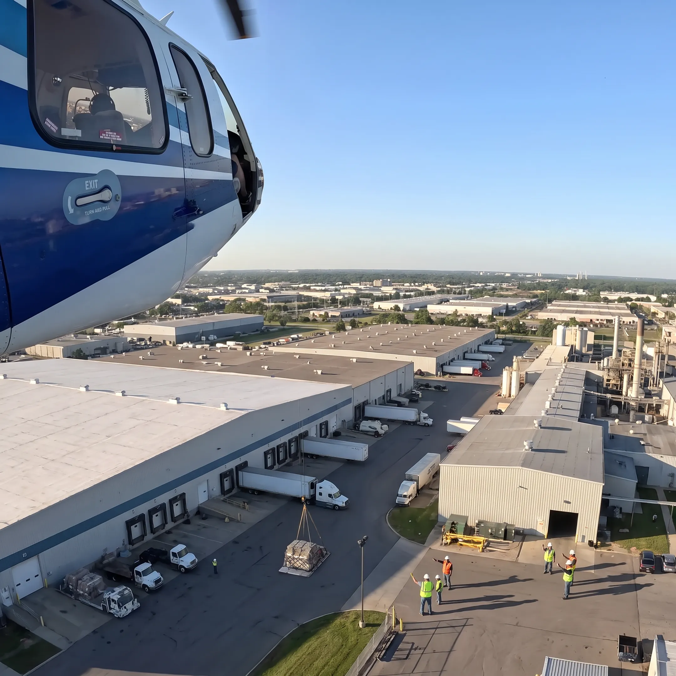Helicopter transporting time-critical cargo near an industrial facility