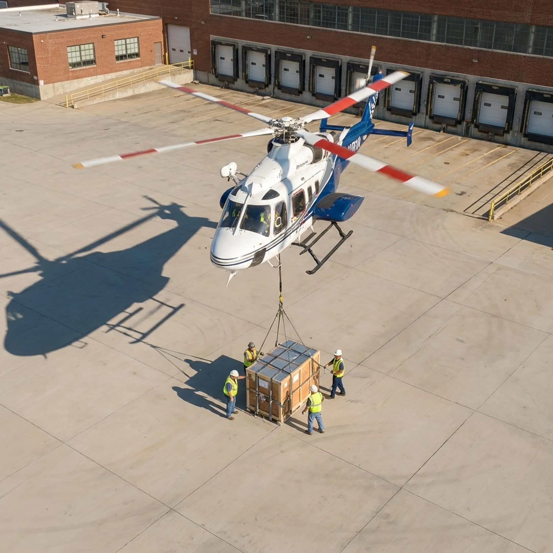 Cargo helicopter delivering freight to a manufacturing plant