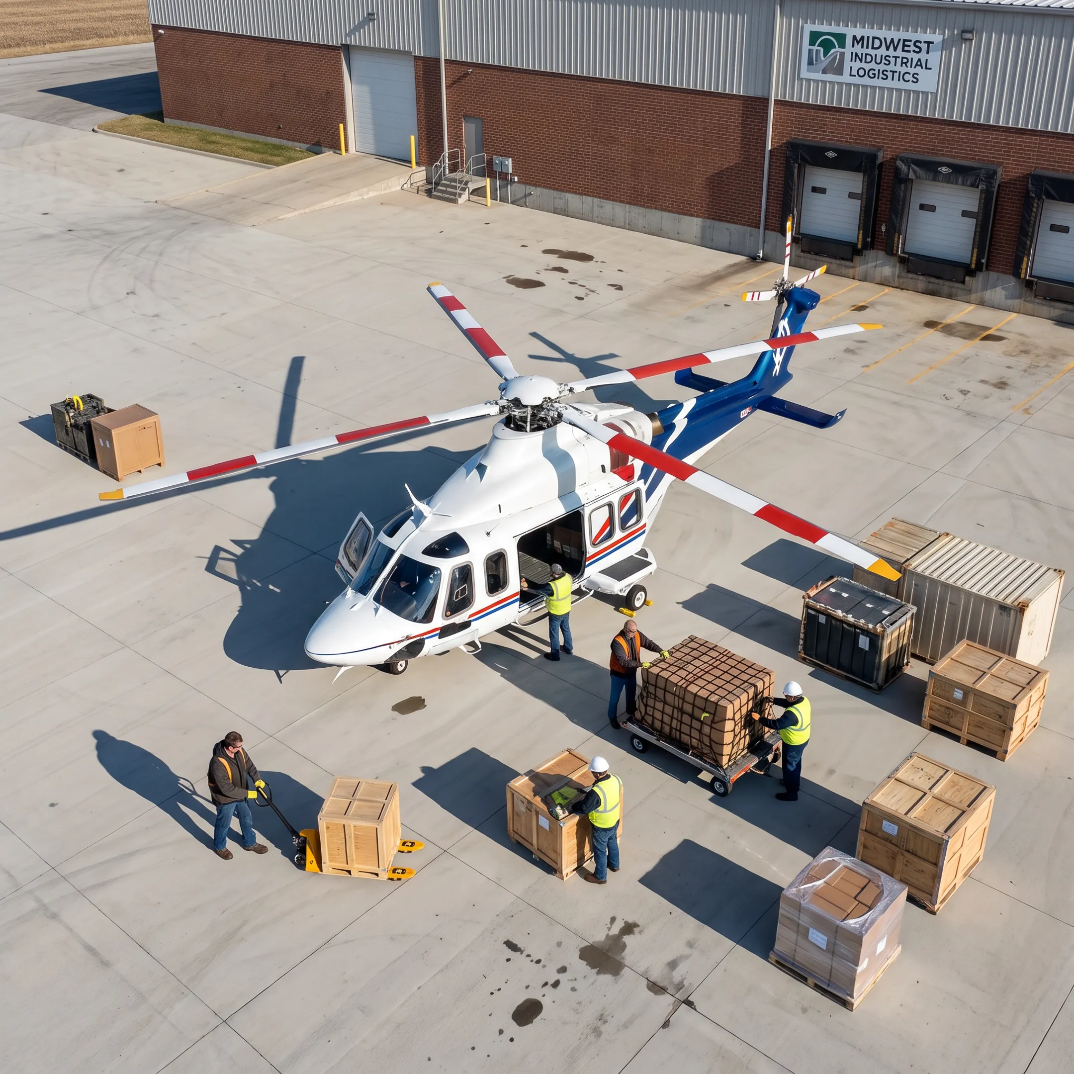 Helicopter carrying cargo for Indiana plant delivery