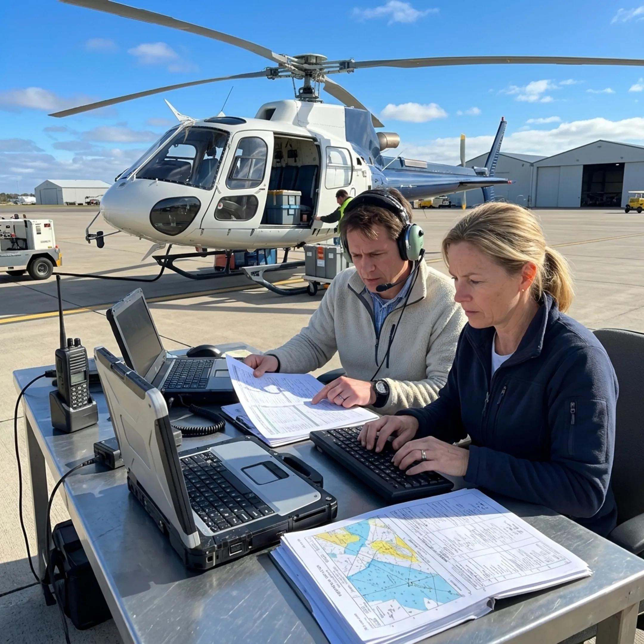 Logistics team coordinating helicopter cargo shipment