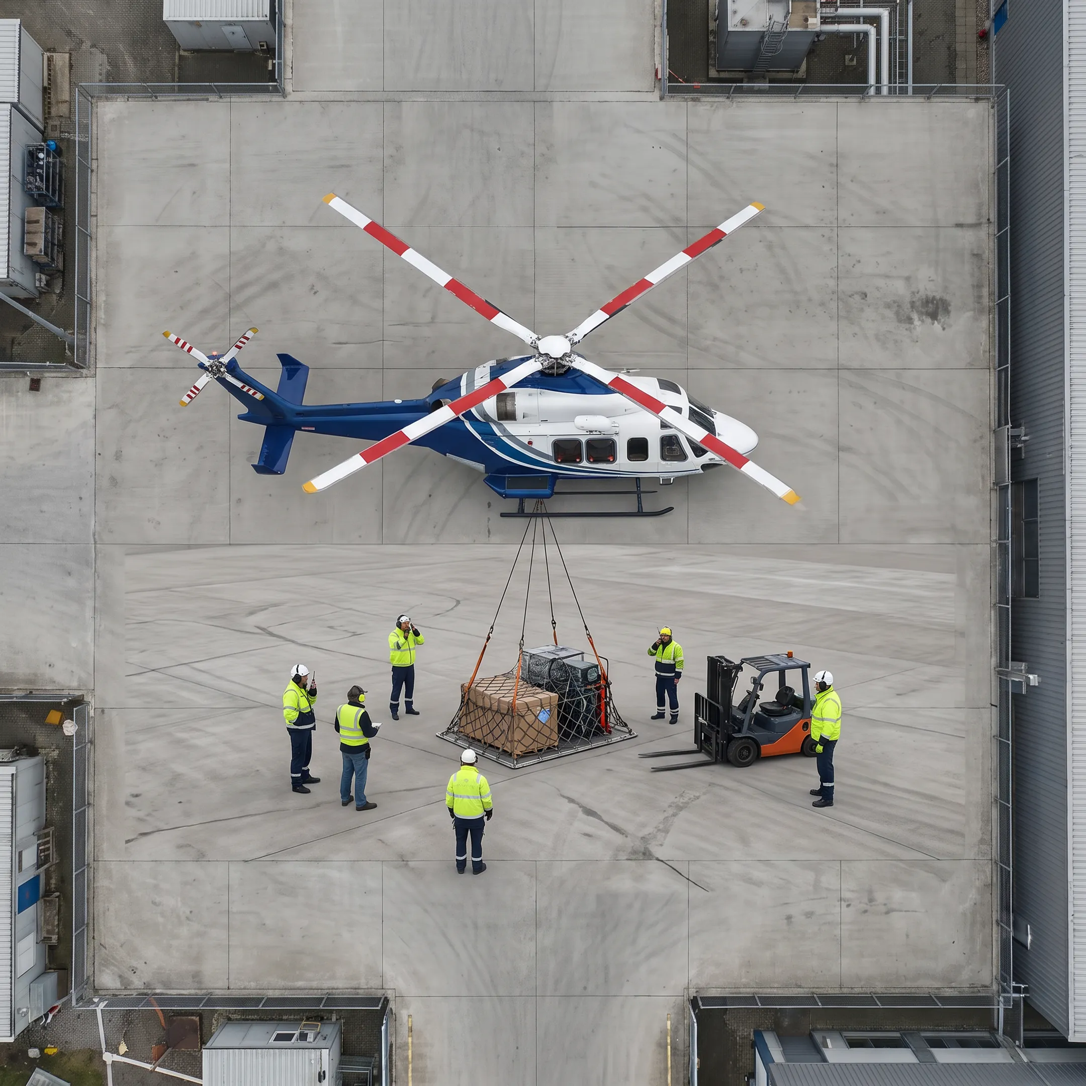 Helicopter transporting cargo during challenging weather conditions