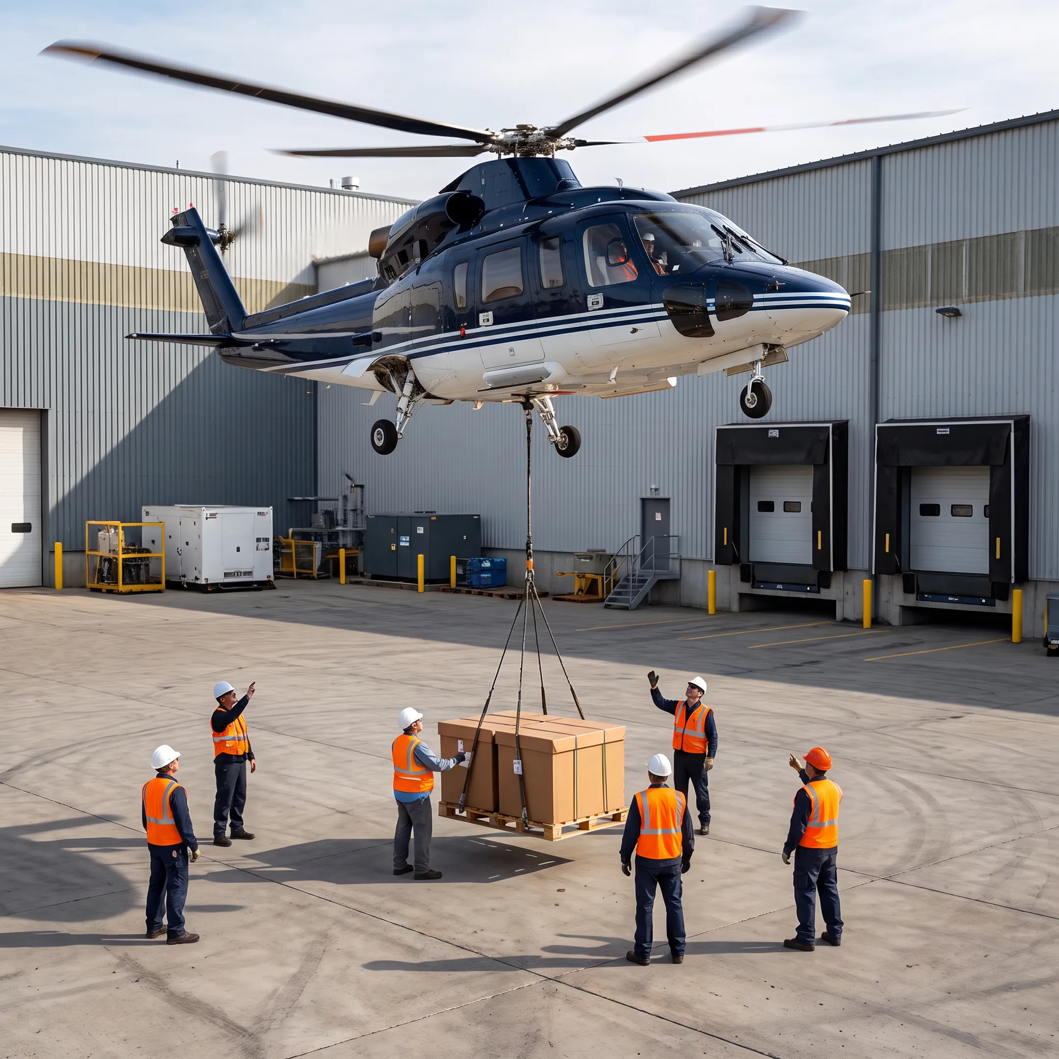 Helicopter transporting critical industrial freight for production delivery