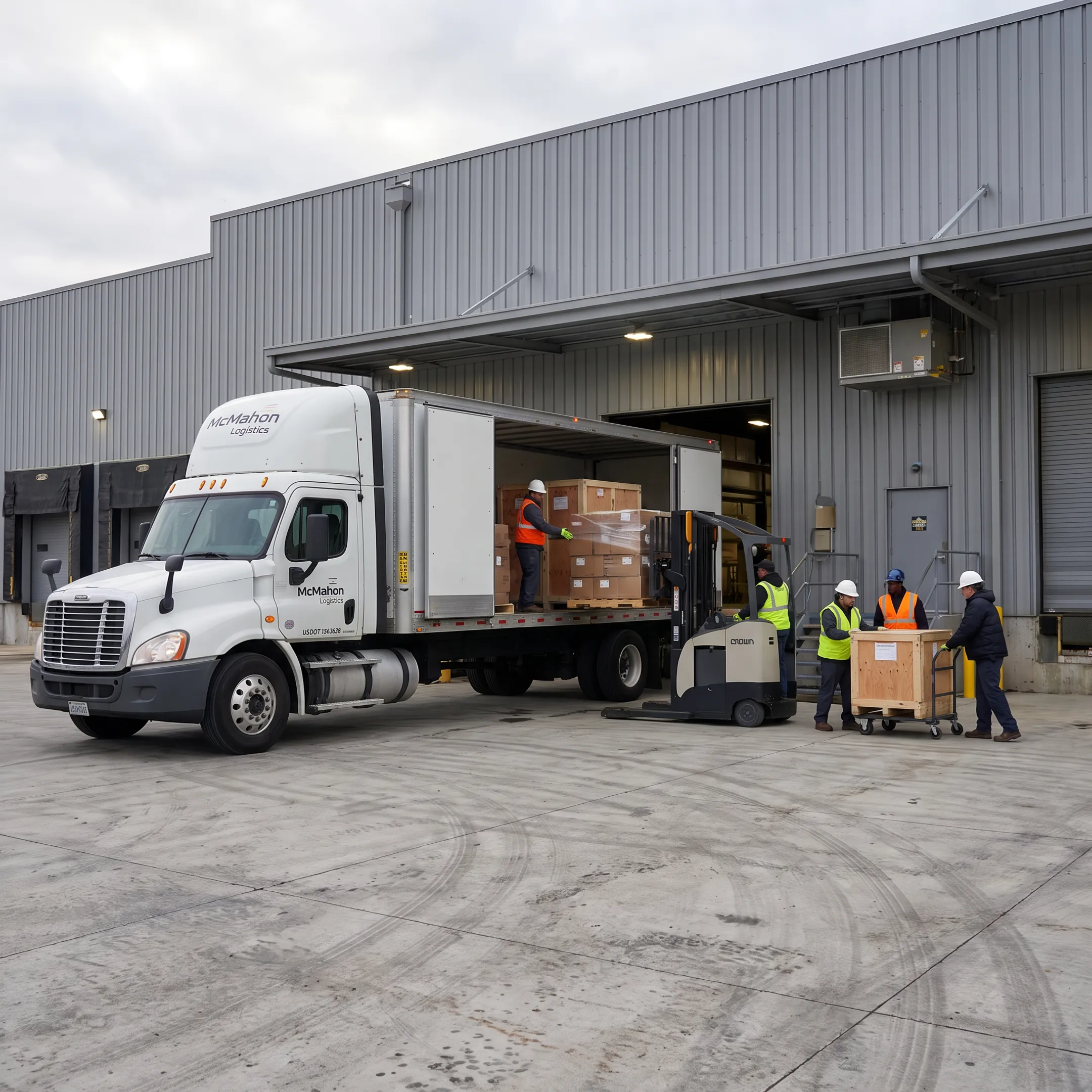 Expedited freight truck departing a Detroit-area logistics facility