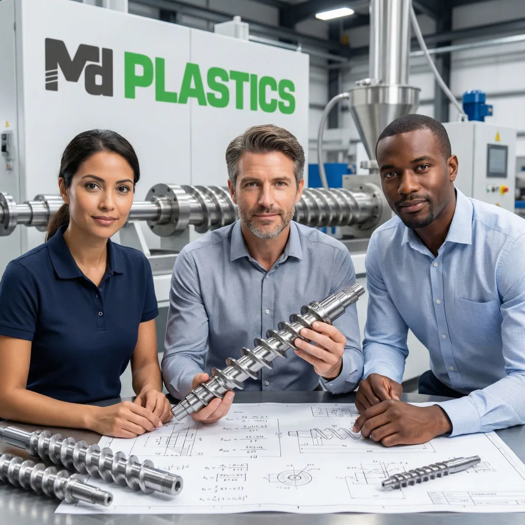 Engineering team designing custom extruder screw specifications