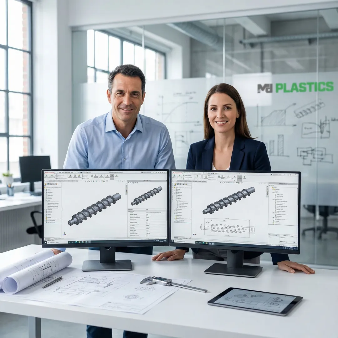Engineering team analyzing extrusion screw design specifications on computer workstation