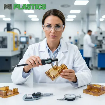 Engineer examining precision molded parts with metal inserts