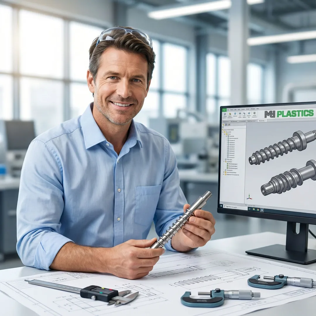 Engineer analyzing injection molding screw design specifications