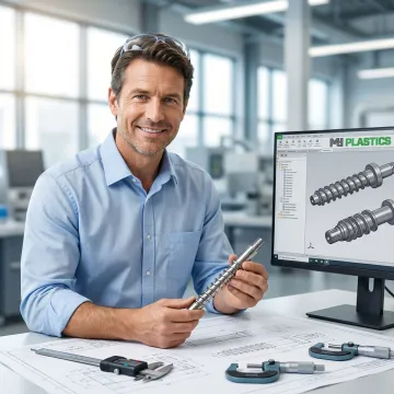 Engineer analyzing injection molding screw design specifications