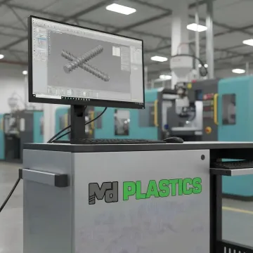 Engineer analyzing injection molding screw design on computer with manufacturing equipment in background