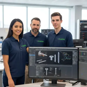 Engineers designing custom plastic processing components using advanced CAD software