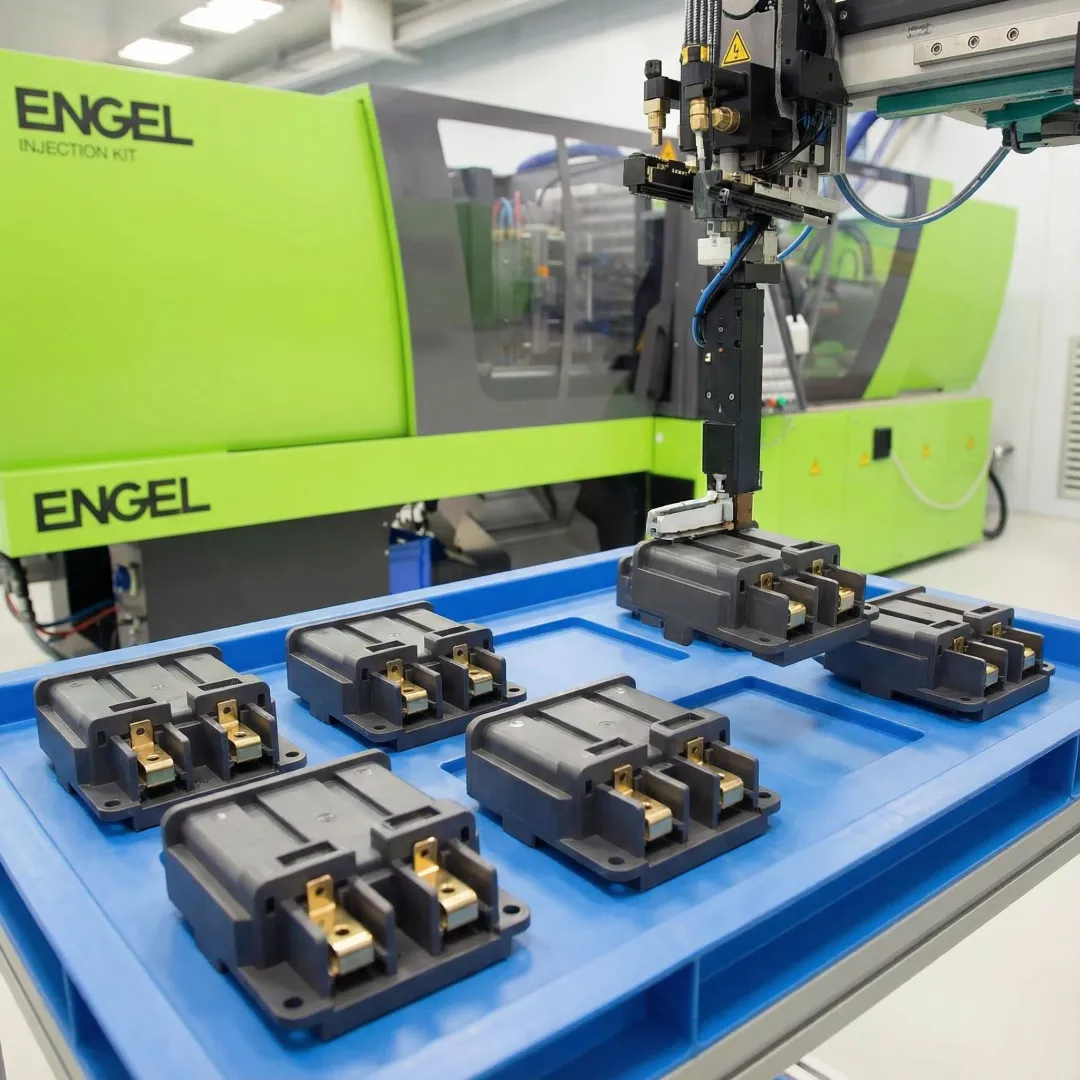 Precision injection molded parts with metal inserts on production line