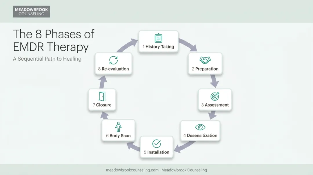 Eight-phase EMDR therapy protocol process flow diagram