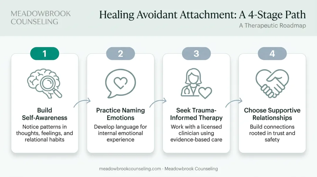 Four-step path to healing avoidant attachment in adulthood process flow