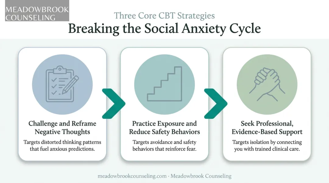 Three CBT strategies for breaking the social anxiety cycle infographic