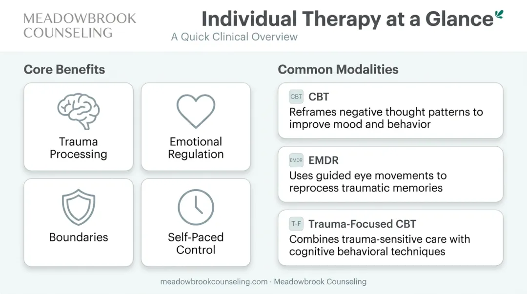 Individual therapy core benefits and common modalities overview infographic