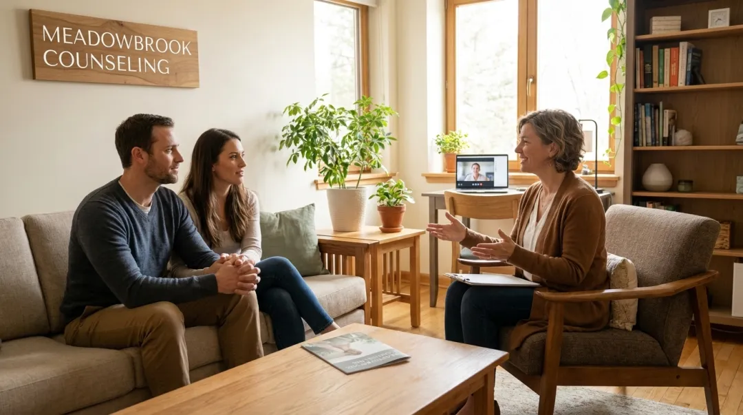 Meadowbrook Counseling therapist meeting with couple during in-person session