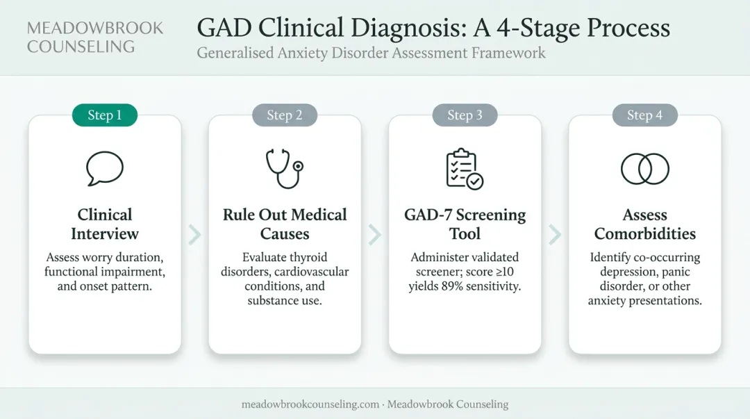 4-step GAD clinical diagnosis process from interview to comorbidity assessment