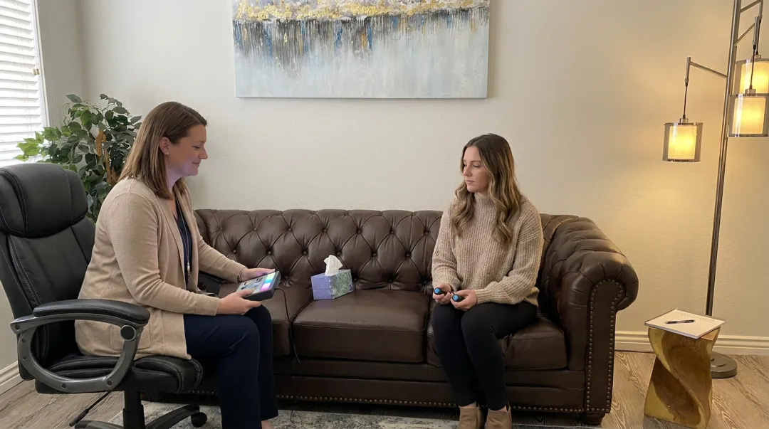Therapist conducting EMDR therapy session with client in counseling office