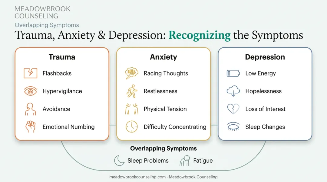Signs and symptoms comparing trauma anxiety and depression side by side