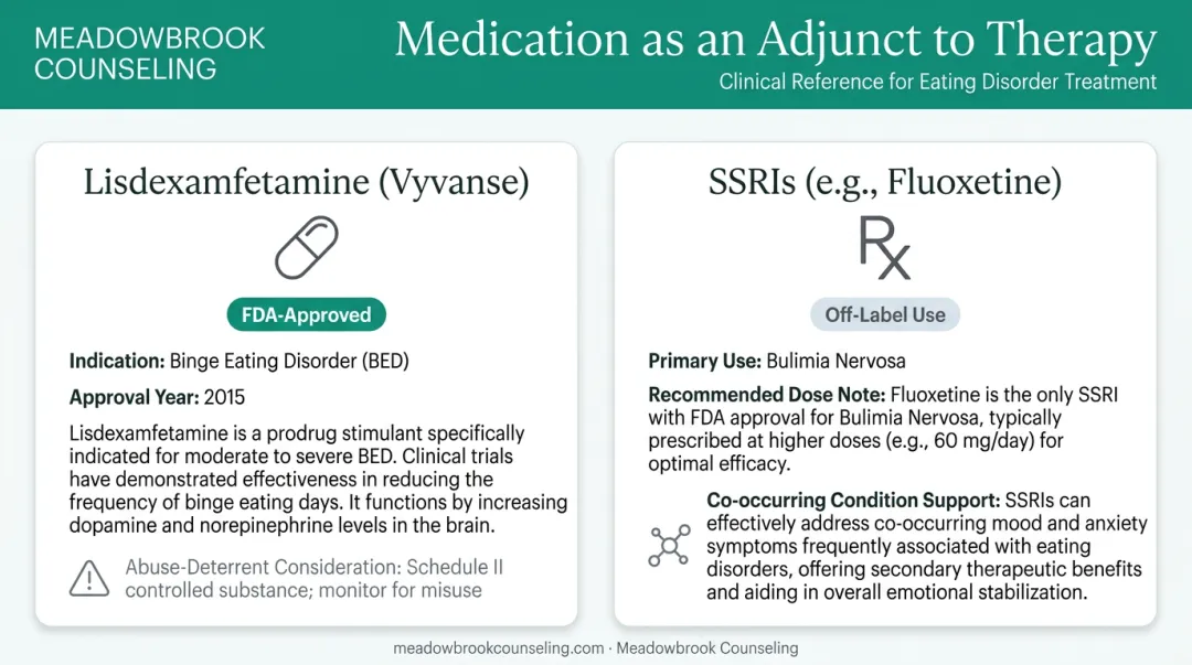Medication options for eating disorders showing Vyvanse and SSRI clinical indications