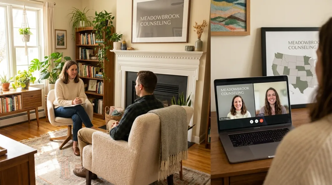 Therapist and client in calm trauma-informed counseling session setting
