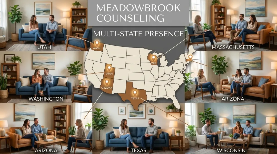 Meadowbrook Counseling office locations map spanning six U.S. states