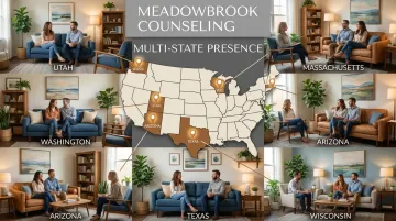 Meadowbrook Counseling office locations map spanning six U.S. states