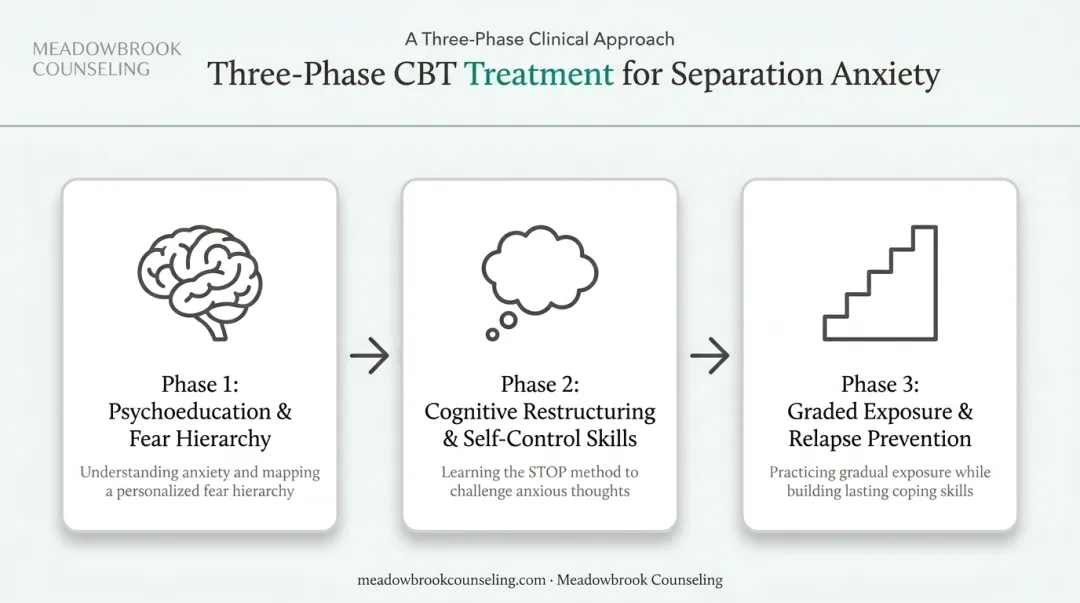 Three-phase CBT treatment process for separation anxiety disorder infographic