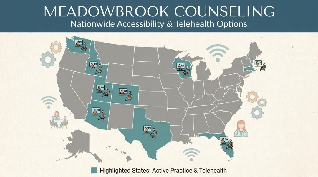 Meadowbrook Counseling office locations map across nine US states