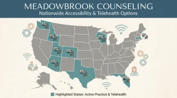 Meadowbrook Counseling office locations map across nine US states