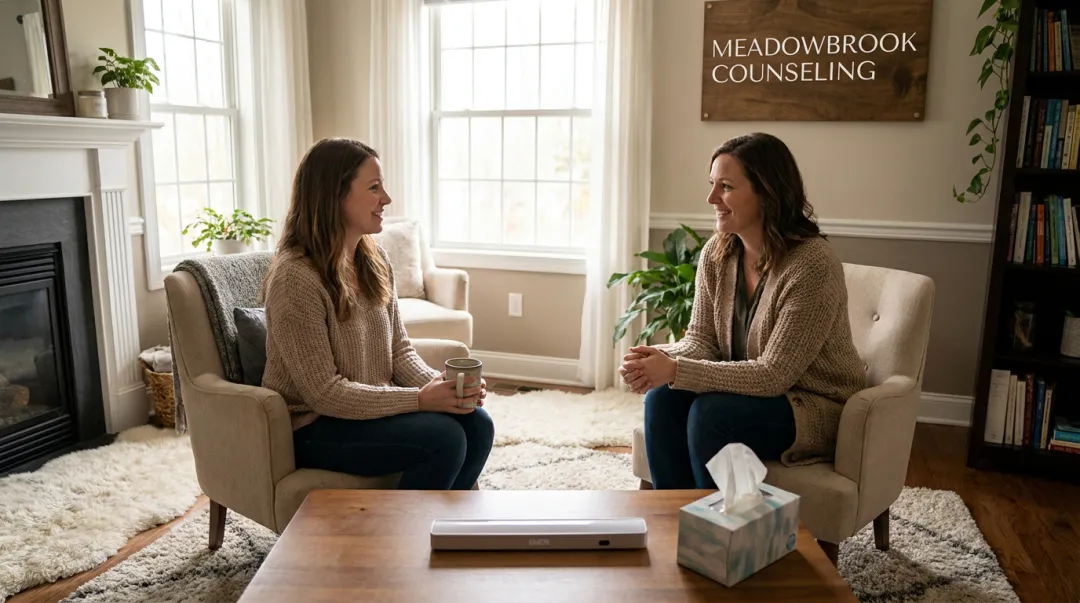 Meadowbrook Counseling therapist meeting with client in calming office setting