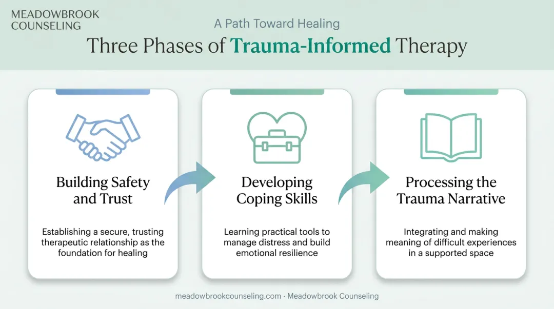 Three phase trauma therapy process from safety building to trauma processing